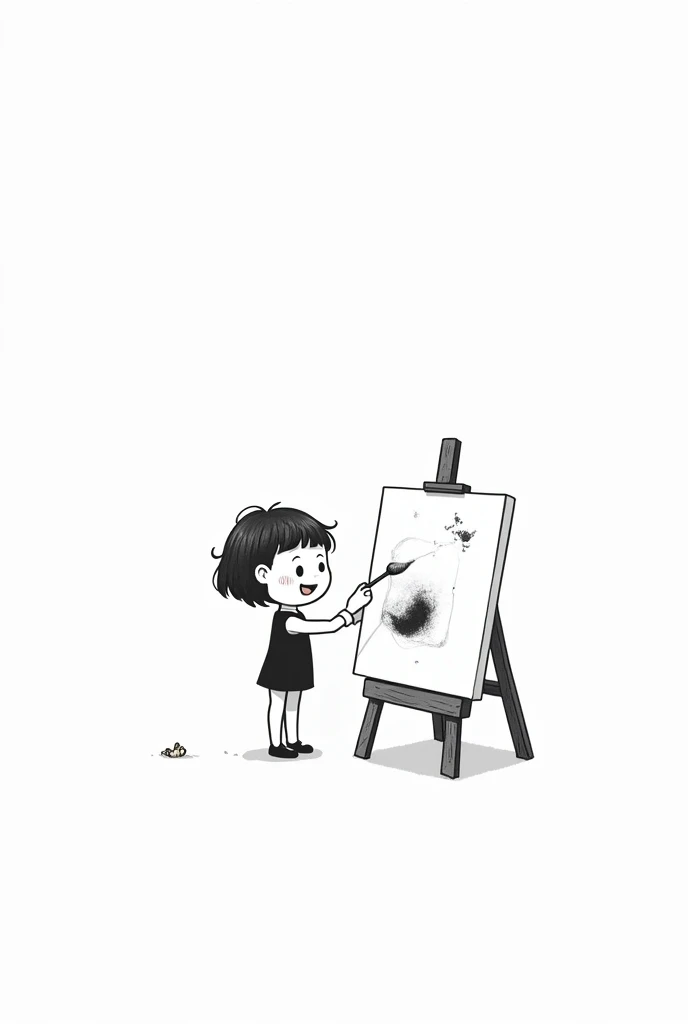 (Most of the background is solid white color.),Simple little cute cartoon girl, doodle, minimalist, black and white, painting on an art canvas on an easel