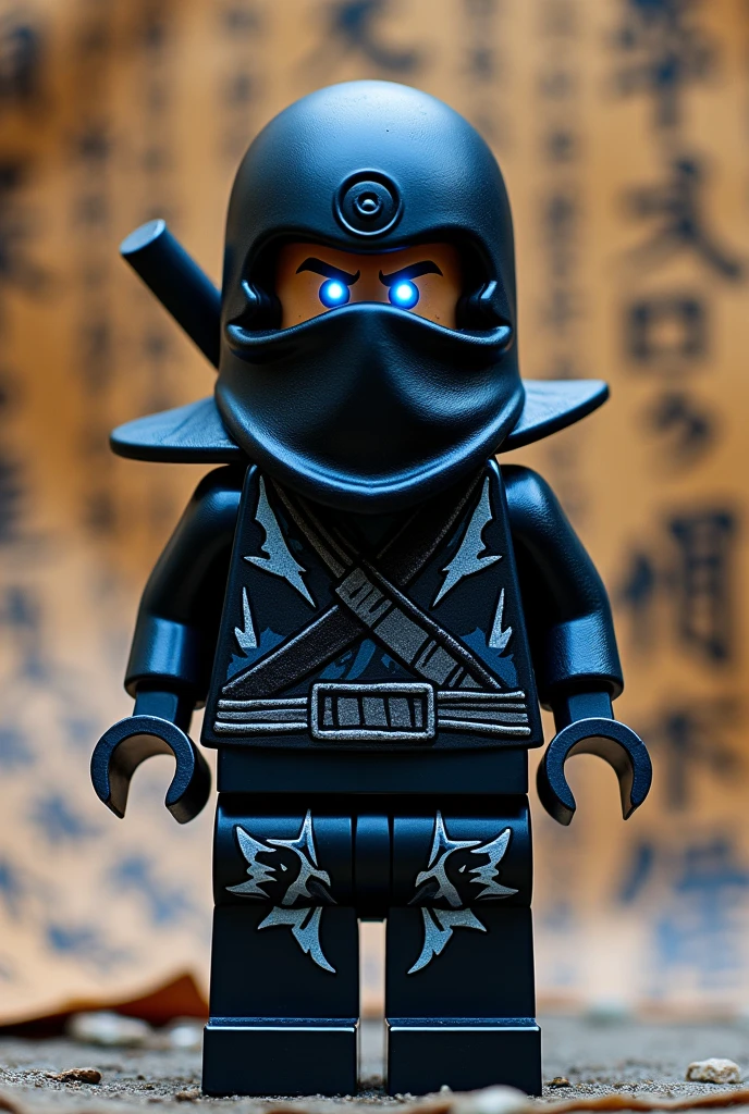Créer moi un lego ninja go avec pas de muscles et ni de masque le premier maitre du spijisufuturiste de la dernière puissance fusionnaire et doit être en lego un ninja avec un chapeau de paille noir avec un un petit cercle au dessus avec un bandeaux noir cachant la bouche avec une cape noir sombre et avec une peau violet foncé noir sombre et un regard terrible avec des yeux en éclair bleu avec une puissance incroyable avec comme puissance élémentaire l’électrique, l’énergie, la terre, le feu, la glace. Les habits du ninja doit être tout noir avec des traces grise bleu foncé avec des reure en forme d’électricité bleu ténèbres et des écritures japonaises et le parchemin antique sacré le plus puissant en golden. Un ninja imbattable monstrueux beaucoup trop puissant qui contrôle tous les pouvoirs élémentaires. Le ninjadoit être destructeur et soif de victoire un gentil et mechant avec un sabre dans le dos