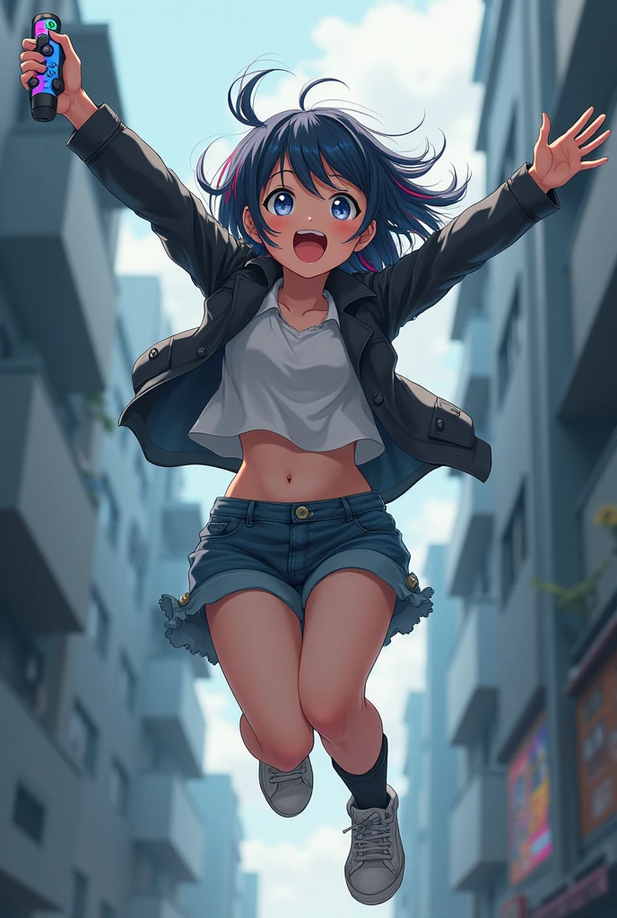 Create an adult female anime character jumping for joy with a Playstation controller as she escapes the gray reality of the horrible world of the world 