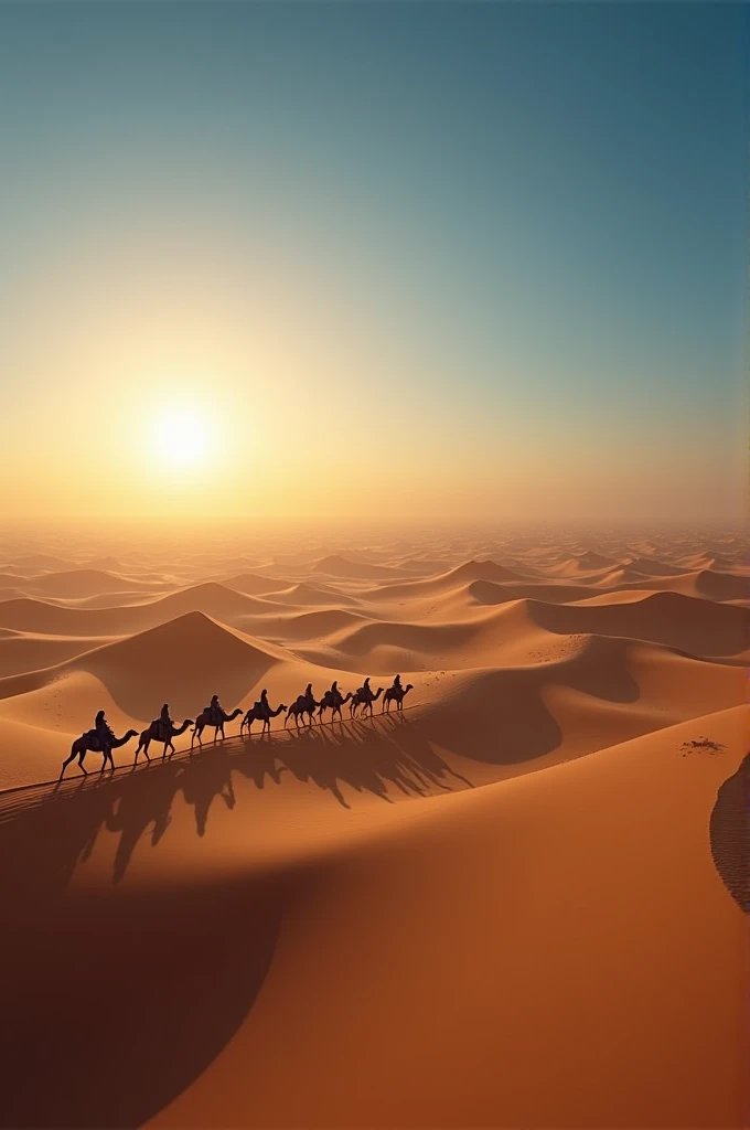 An expansive view of the Sahara Desert, the world's largest hot desert, with endless dunes of golden sand under a scorching sun. A caravan of camels led by nomads traverses the vast landscape, with the sky transitioning from a deep blue to the warm hues of a setting sun."