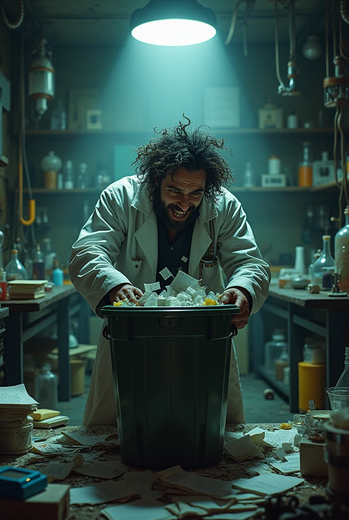 Mad scientist throwing away all his notes and evidence about his experiments