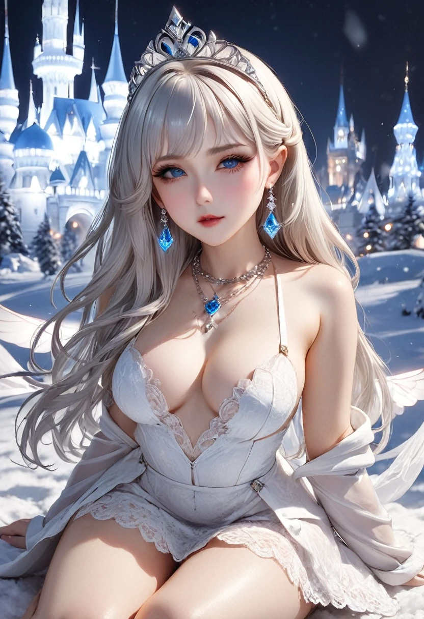 ,((Highest quality))),8k,((masterpiece)),(Very sophisticated and beautiful), PRİNCESS,Russian , Beautiful face, Long white hair , sexly、sexly proportions,White eyebrows、Silver tiara、Silver earrings、White skin、Glowing Skin、Delicate hair、The background is inside a snow castle、Glowing Skin、White eyelashes、Standing、Silver and diamond necklace、Silver bangles、White lace dress、mini skirt、White lips、Leg spread、sit