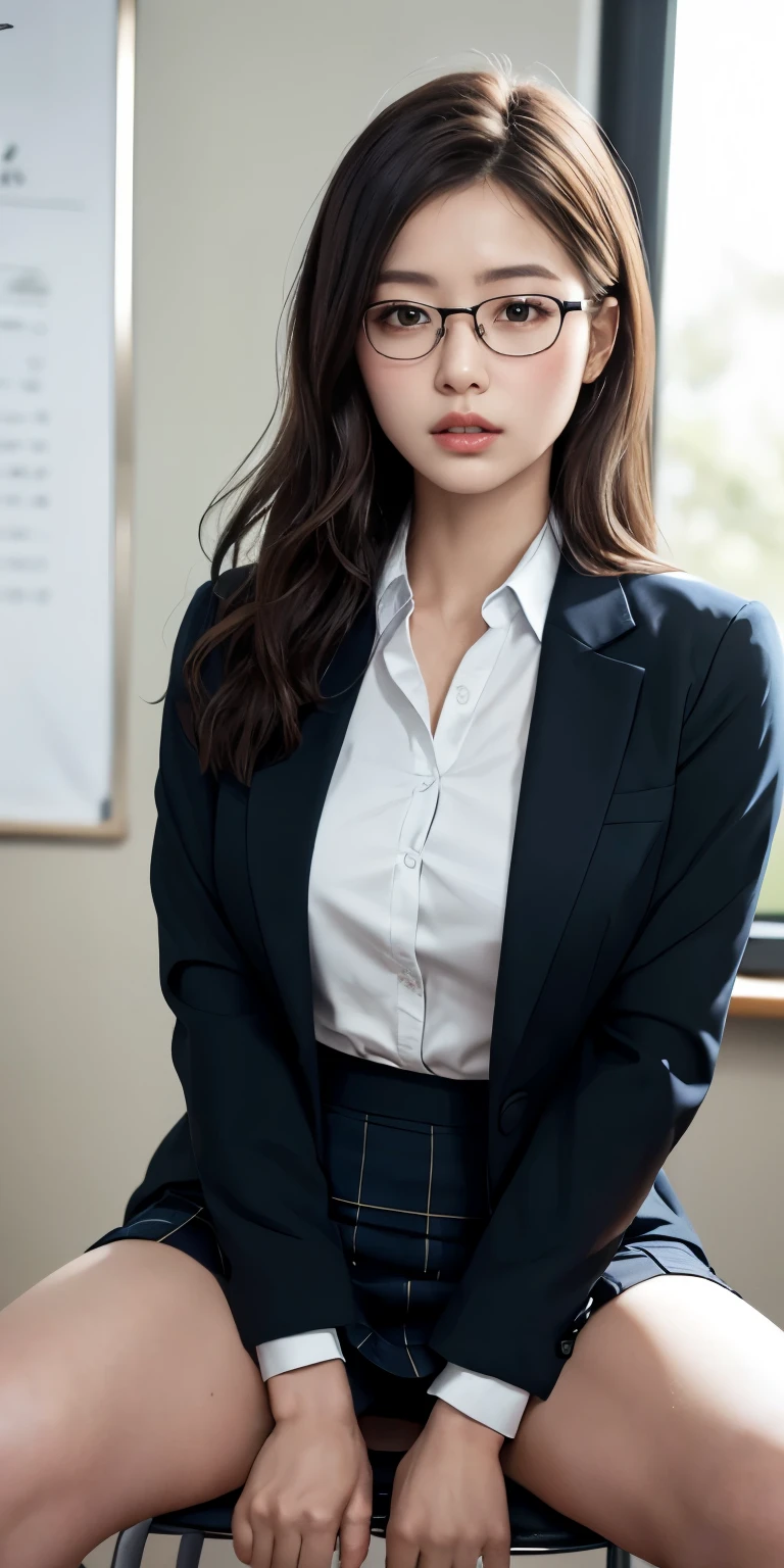 Tabletop、(masterpiece:1.3), (8k, Photorealistic: 1.4, RAW Photos, Best image quality: 1.4), Japanese Idols、Super detailed face、Attention to detail、Genuine、 double eyelid、Big and attractive eyes,Perfectly beautiful eyes、 Sharp focus:1.2、Beautiful woman:1.5、 Light brown hair、 Highest quality、masterpiece、Ultra-high resolution、Depth of written boundary、Perfect Shadow、(Photorealistic:1.4)、 Highly detailed and professional lighting、 Perfectly shaped、Symmetrical face、beautiful girl、Feeling embarrassed、blush、Glowing Skin、Sweaty clothes、Sweaty skin、Sharp focus, Perfect Anatomy,Realistic Light、business suit、skirt、classroom、Large black-rimmed glasses、realistic glasses、sitting in a chair in front of the window、Sitting on a chair with legs spread、I can see your pants、Browsing Caution、