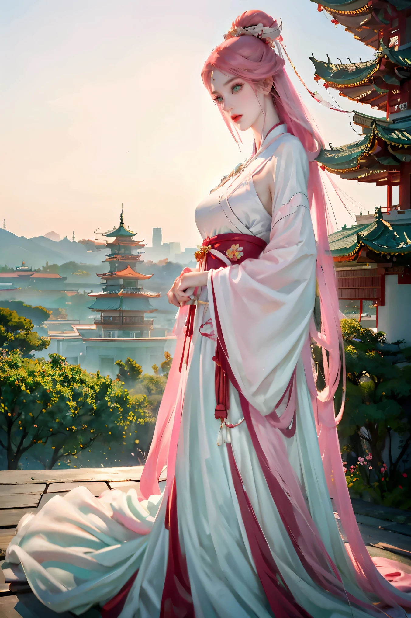 a beautiful woman with long pink hair and green eyes, traditional chinese clothing, chinese imperial princess, traditional dress, tang dynasty, sakura, garden with imperial palace in background, detailed face, high quality, hyper realistic, 8k, photo realistic, intricate details, delicate colors, dramatic lighting, elegant pose, cinematic composition
