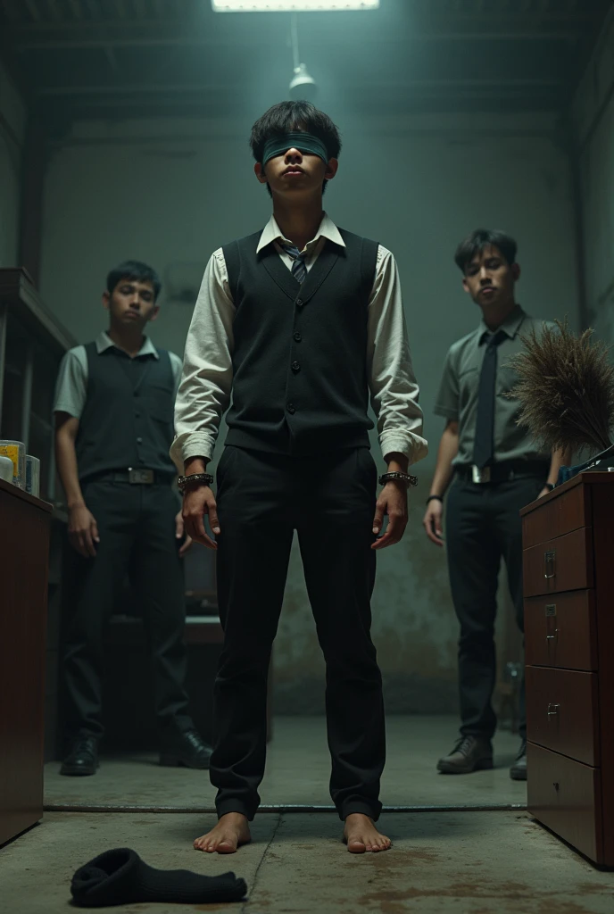 Malaysia malay handsome  19 years  student 
He laugh very hard
His hand handcuff in  abondon warehouse 
Blindfolded
handcuff
Casual Outfit Black Vase White Tie
Focus sweaty feet on desk
feather duster on desk
Black  dirty sock on desk
2  evil mafia 
rub  his feet
