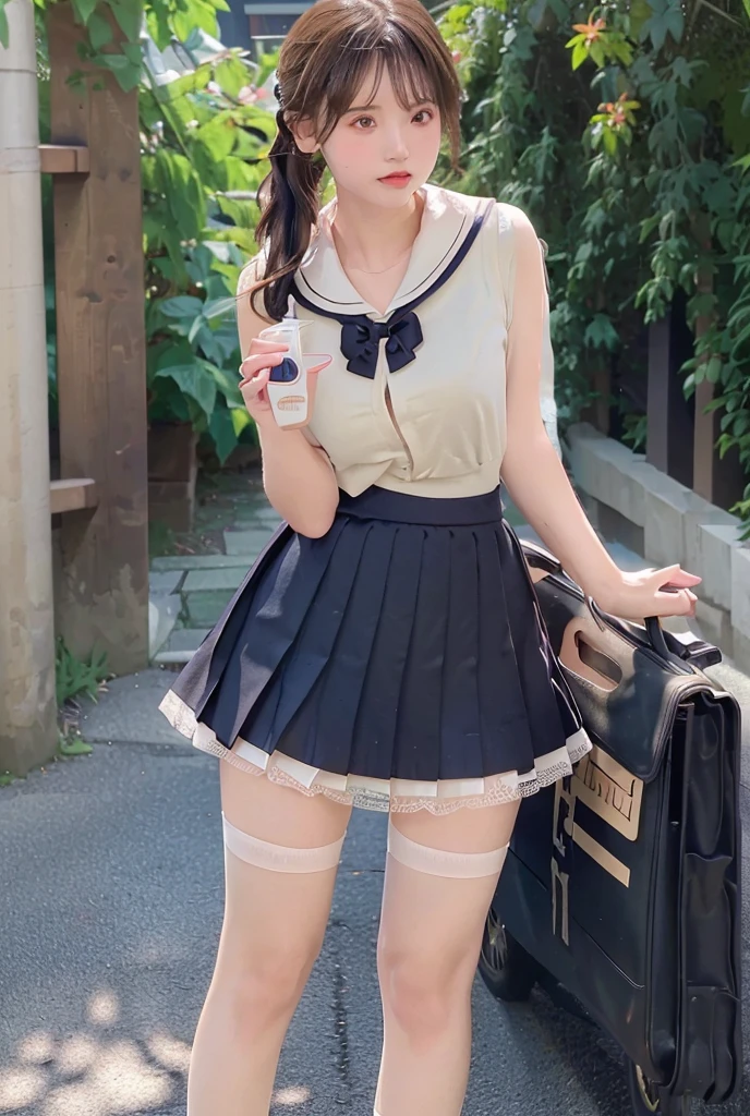 (((masterpiece, Highest quality, High resolution, 超High resolution, Pixel perfect, Written boundary depth, 4K, RTTX10.0))), Cute anime woman, Beautiful art style, Anime characters, ((Smooth texture, Realistic texture, Anime CG style)), Exact finger count、Exact number of legs、(Exact number of arms:1.0, Exact number of hands:1.0), (Perfect hands, Perfect Anatomy), Cinematic, Realistic, Highly detailed CG, Daytime lighting, Perfect lighting, Best Shadow, The best natural light, whole body, Perfectly balanced style, Perfectly balanced body, (Slender body:1.2), whole body, ((bangs, Black Hair, Cute ponytail)), ((A pretty woman is standing with her legs crossed, holding her skirt:1.3)), (Fashionable white shirt, White panties, Small ribbon in the center of the waist of the panties, Panties with lace trim, Sailor collar, Beige pantyhose, White socks,loafers, Navy pleated mini skirt:1.3), (Beautiful big boobs:1.1), ((Embarrassed expression:1.4), blush, (Sexual pleasure expression, Fun expression:1.4), (look up, mouth half open:1.1), Limits of patience), (In the school classroom:1.3), (Pussy juice:1.4), Angle from the front, remote_Vibrating shortcuts,