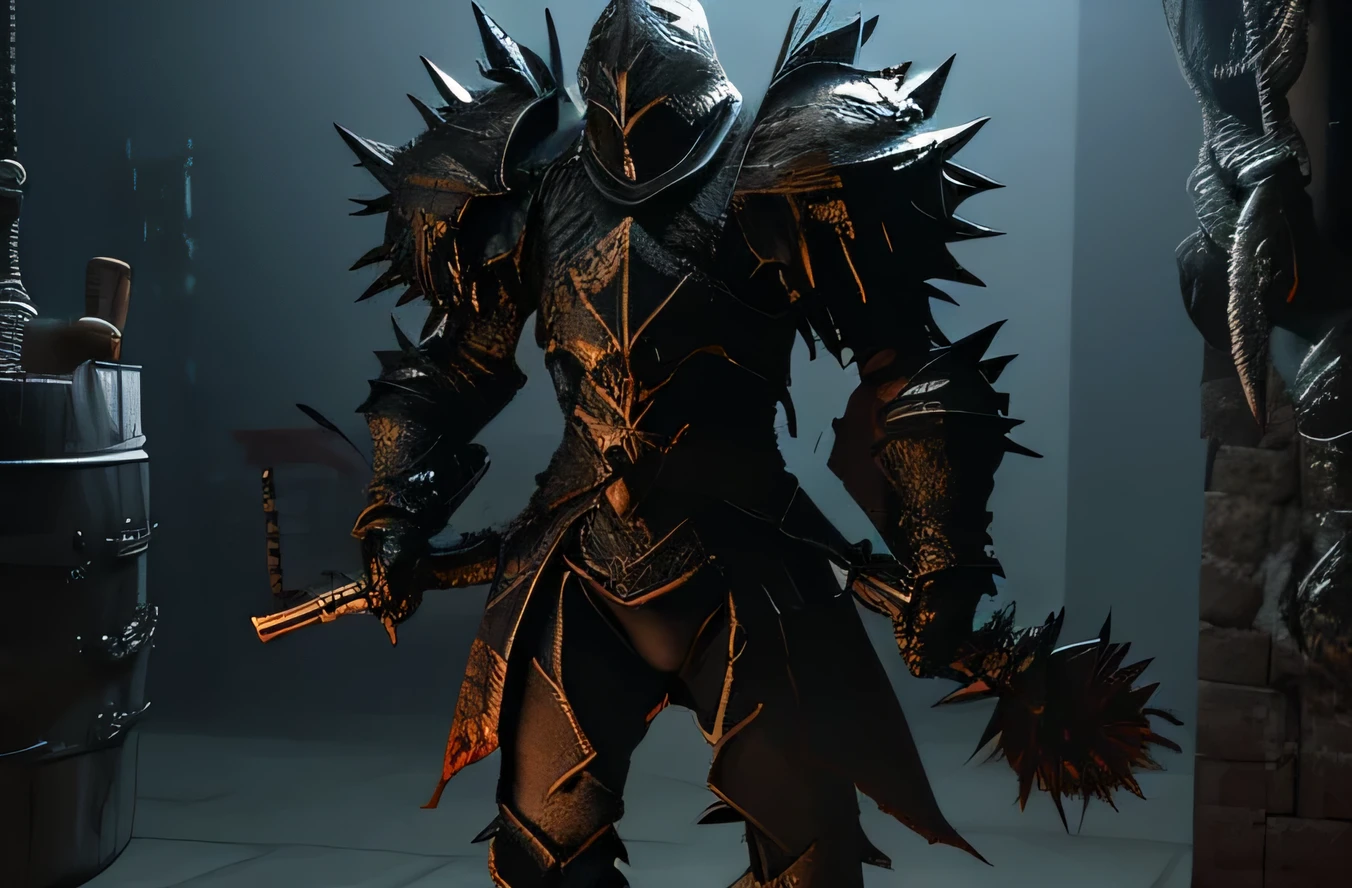 In a dimly lit, foreboding chamber, a menacing soldier clad in full black armor is depicted with an aura of dread. The armor is sleek and ominous, reflecting a deep, dark sheen that almost absorbs the surrounding light. The soldier wields a spiked iron ball attached to a heavy chain, swinging it with a powerful, intimidating motion. The spikes on the iron ball gleam with a sinister shine, emphasizing its danger. The soldier’s helmet features a fearsome design, with sharp angles and dark visors that conceal their face. Their stance is aggressive, showing the sheer strength and control they have over their weapon. The dark, shadowy environment enhances the soldier's threatening presence, creating an atmosphere of tension and menace. The contrast between the dark armor and the glowing spikes of the iron ball highlights the soldier's formidable and dangerous nature.