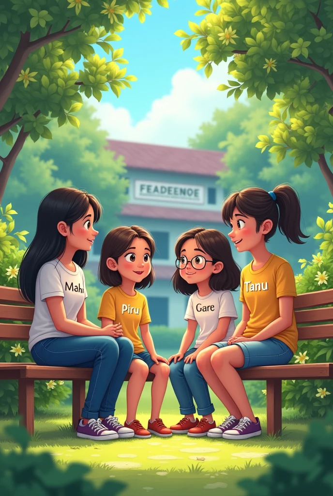 3 girls or unke bich me ek boy ek garden me beth kar baate kar rahi hai , ek ladki ke shirt par mahi likha hua hai or mahi thodi moti si hai or ek ladki ki shirt par piru likha hua hai or piru ne chasma bhi laga rakha hai or ek ladki ki shirt par tannu likh hua hai or ek ladke ki shirt par ajey likha hua hai unke pichhe ek college hai us par aditya college ka banner lag hua hai iski Indian girl animetion me image banao