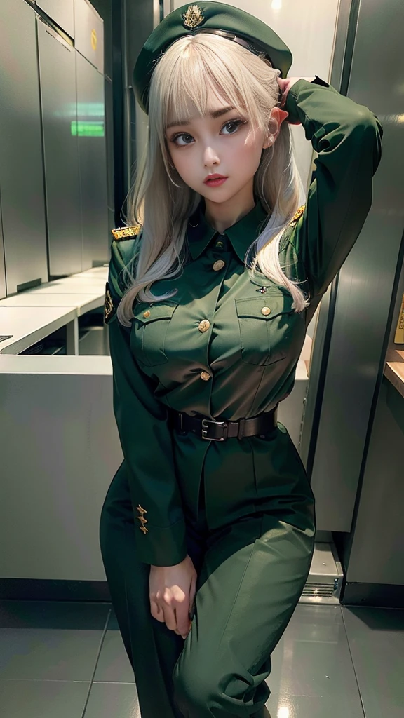 Facing the audience、upward-eyed、dynamicposes、Legs spread、Hands behind your back、pretty 1girl, absurderes, 8K UHD, Platinum Blonde Hair,bob cuts, 20yr old、very large breast, Workplace costumes,(Green military uniform, soldier, Green cloak、Green pants, Military uniform、Green Military Cap),(FULL BODYSHOT)、(Rin々Facial expressions:1.12),Battlefield Background