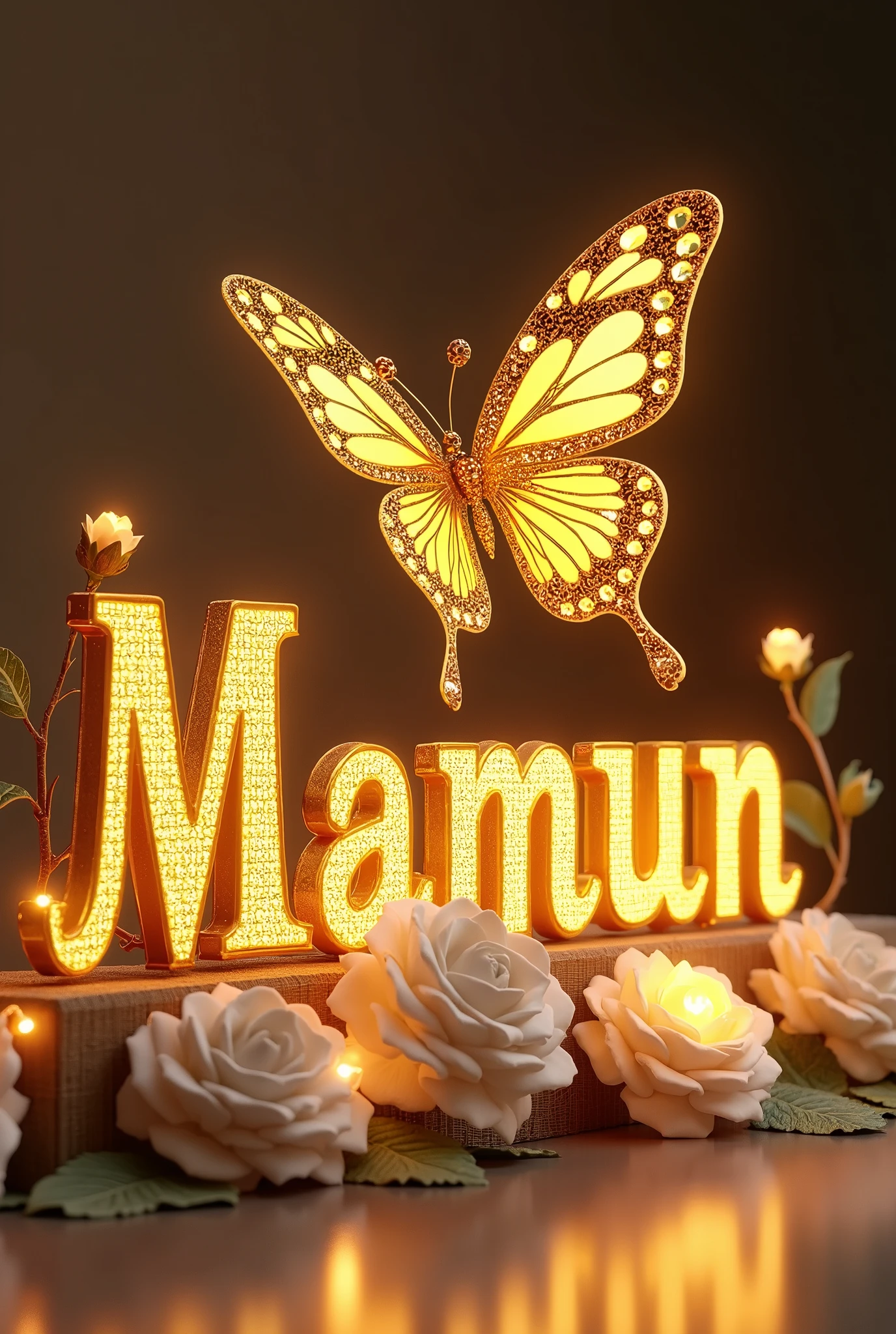mesmerizing and luxurious 3D render illustration featuring the name "Mamun" in bold, ornate, and regal yellow letters. The letters are accentuated by a plethora of shimmering gemstones and designs, exuding an air of elegance. Suspended above the name, a grand golden butterfly, adorned with gold and brown gemstones and displaying a natural, lifelike pose, spreads its wings, enhancing the grandeur of the scene. At the base, two radiant white roses, illuminated with tiny lights, and a few small,