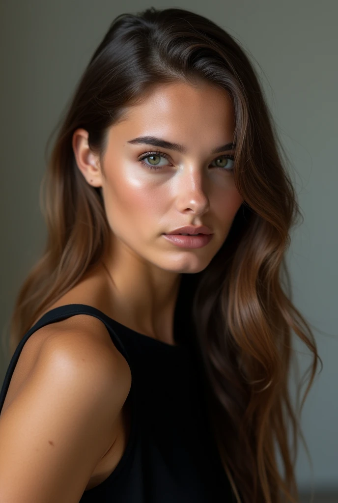 a very realistic and detailed photo of beautiful young french woman, tight black dress, perfect makeup, long straight sleek brown hair, high quality, photorealistic, 8k, luxury, elegant, sophisticated, confident, studio lighting, cinematic, glowing skin, piercing eyes, full lips, sharp focus