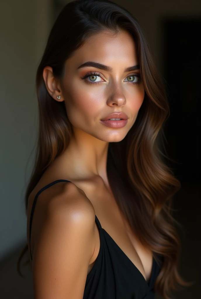 a very realistic and detailed photo of beautiful young french woman, tight black dress, perfect makeup, long straight sleek brown hair, high quality, photorealistic, 8k, luxury, elegant, sophisticated, confident, studio lighting, cinematic, glowing skin, piercing eyes, full lips, sharp focus