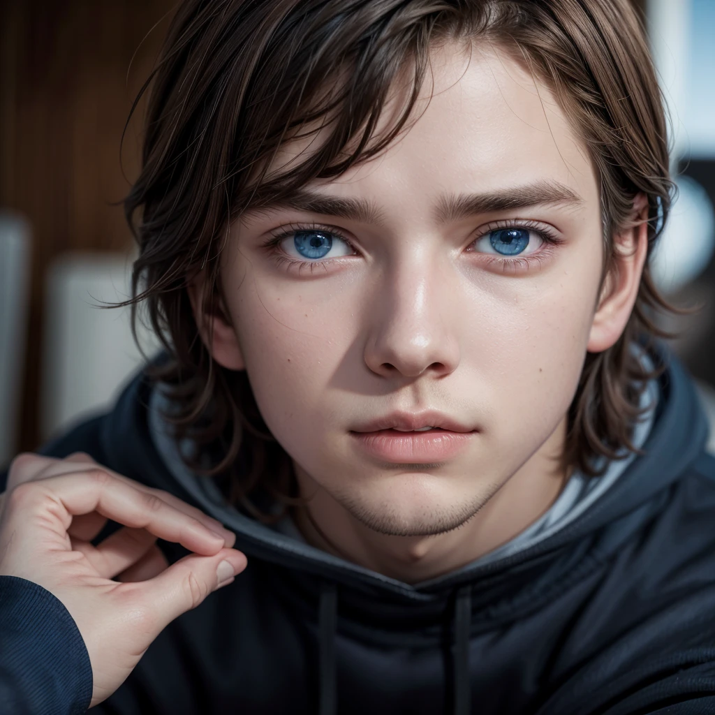 Blue-eyed young man, with brown hair and blue highlights with a black sweatshirt and dark blue pants