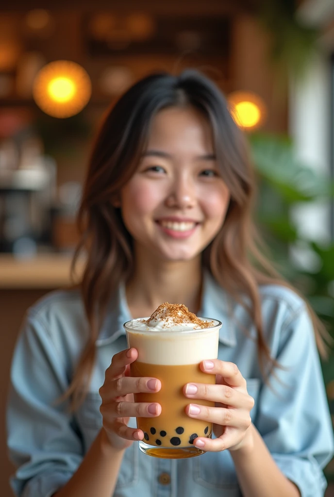 A photo of a person with milktea in weekend