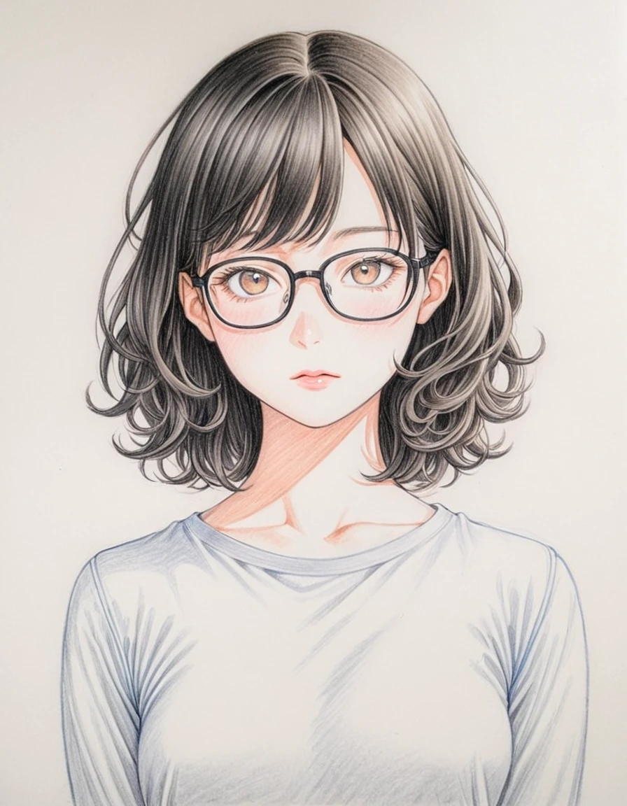 1 female, 30-year-old, alone, thin, slender, small breasts!!!, short hair, curly hair, thin, slender, (((glasses))), long sleeve T-shirt, Skinny skirt, Are standing, art, Colored pencil drawing, draft, White background, portrait