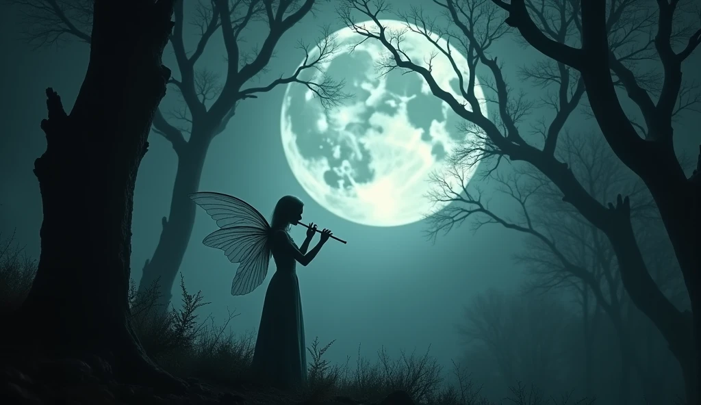 In a dark, gothic forest, illuminated by a massive full moon, an elf with ethereal, translucent wings plays a haunting melody on a flute. The scene is mysterious and moody, with shadows casting eerie shapes on the forest floor. High contrast and deep blacks dominate the image, creating a cinematic, 4K experience. The camera slowly tilts upward, focusing on the towering trees and the moon.