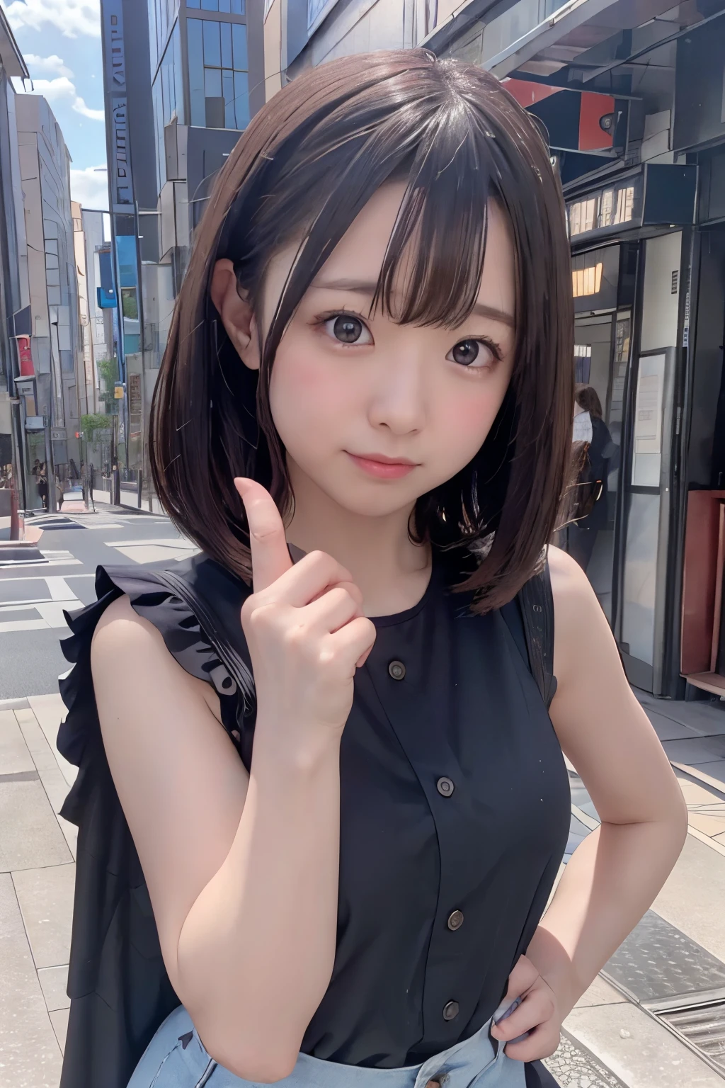 8K, RAW Photo, Best Quality, Masterpiece, Realistic, PhotoRealistic, Extremely Detailed 8k Wallpaper, Beautifully Detailed Eyes, Finely Detailed Face, BREAK Professional Lighting, [Rim Lighting], BREAK in Tokyo Sibuya, BREAK 5 Beautiful Thin Finger:1.6, Perfectly Anatomically Correct:1.6, BREAK 1 Girl, (Pointing at you), 
hands on hips, Happy Smiling, Very Short Hair Bun:1.1, Symmetrical Clear Eyes:1.1, Captivating Eye Reflections:1.1, (Kawaii), [Japanese], Wide-Set Eyes, Big Eyes, Tareme, (White Skinned), Embarrassed, Blush, Very White Skinned, High-teen, (Round Face, Round Chin), Wet Hair, Messy Hair, Brown Hair, Open Mouse, [Pouted Cheek], Wearing SHIMAMURA Early Autumn Clothes:1.0, Looking at Viewer, BREAK SFW:1.0, BREAK Finger Focus:1.0, Dynamic Shot, Feet Out of Frame, Bokeh:1.2