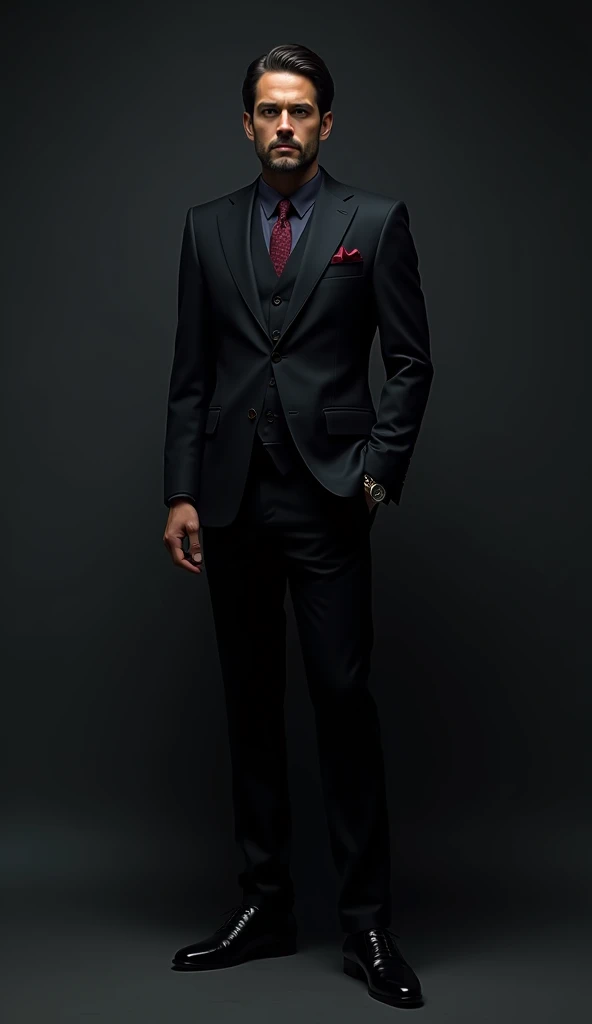 "A dark and mysterious figure wearing a perfectly tailored modern suit in deep navy or black. The suit is sleek and elegant, with a subtle shine. He has a sharp and sophisticated appearance, with a wine-colored pocket square or tie adding a hint of color. His expression is calm yet intimidating, and his presence exudes power. He wears shiny leather dress shoes, and subtle accessories like a classic watch and a silver ring on one finger. The background is shadowy, enhancing the aura of mystery and control around him."