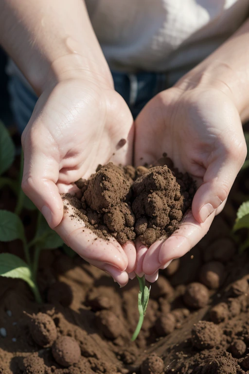 create an image 16:9, of an adult producer in the middle of a soybean crop 30 days after planting, holding in his hands a young soybean plant with a lot of soil in his hands