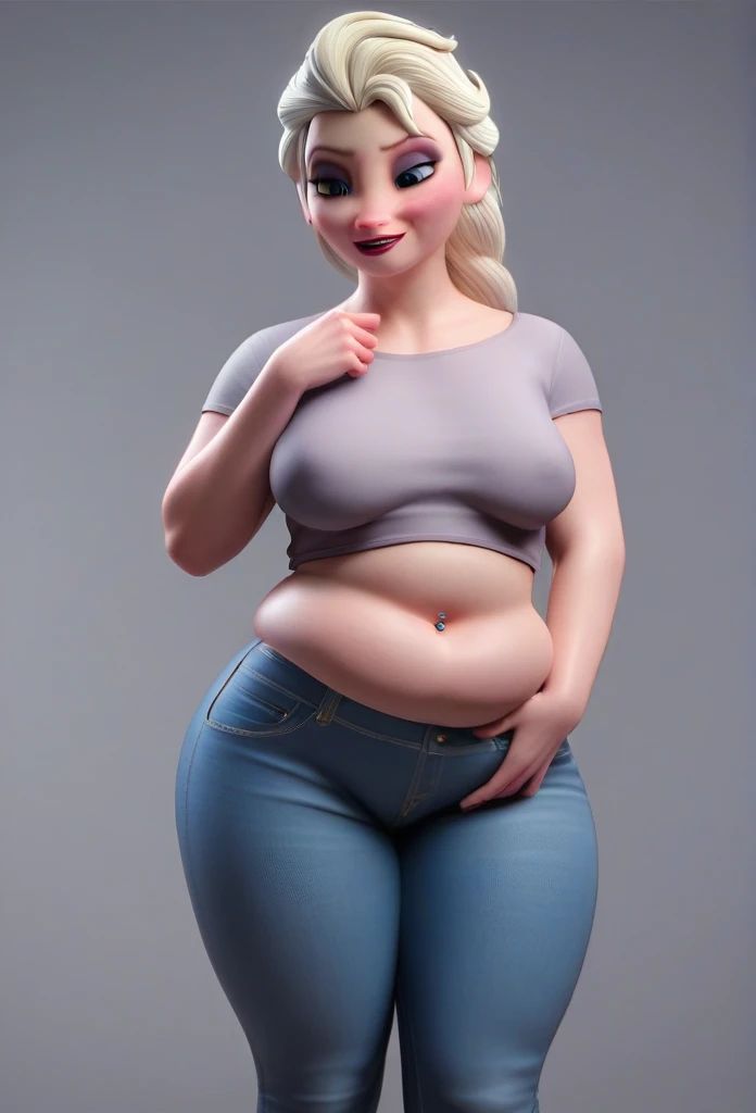 PPOV,3D,tall slim faced Well Fed Elsa,literally gained a pudgybelly,Trying to wear jeans but they don't fit because she gained put on weight,plump body,fullbodyimage,Raised Eyebrows, Half-Closed Eye,plumpbody,The button on the jeans does not close because of her belly,navel piercing,pinching chubbybelly,