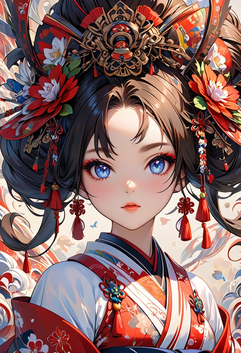 Ink painting, (((1 girl )), (((Tattoo in the middle of the forehead))), (((Oiran))), (((Great hair accessories))), Demon possession, , (((Masterpiece、Top quality للصورة、Highest quality、وحدة Very detailed 8kWall paper))), ((And covered with jewelry, an illustration of a single girl、All body covered))、(((beautiful girl))), (Masterpiece, Top quality, Best quality, Official art, Beautiful and aesthetic:1.2), A girl stood alone in front of an amazing work of art., Her eyes are wide with admiration., (Very detailed), Face up close, (Fractal art:1.3), All body covered بدقة, The intricate patterns and colors of the Fractal artwork surrounded her, Every line and curve is carefully designed..Colorful spirals and geometric shapes blend seamlessly., Resulting in the creation of a stunning piece that captured the essence of abstract beauty.. (Top detailed), Every little detail is meticulously drawn., She invited viewers to explore the depths of art and lose themselves in its complexities..