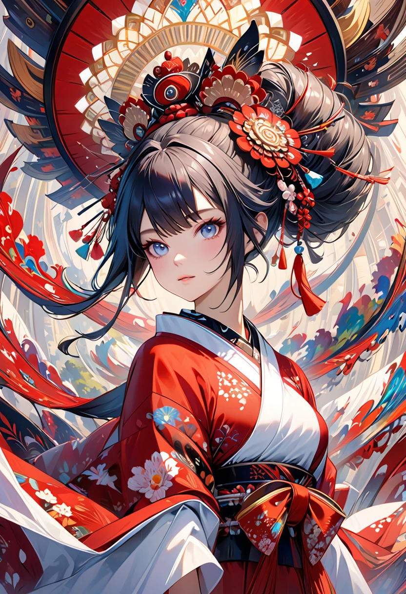 Ink painting, (((1 girl )), (((Tattoo in the middle of the forehead))), (((Oiran))), (((Great hair accessories))), Demon possession, , (((Masterpiece、Top quality للصورة、Highest quality、وحدة Very detailed 8ｋWall paper))), ((And covered with jewelry, an illustration of a single girl、All body covered))、(((beautiful girl))), (Masterpiece, Top quality, Best quality, Official art, Beautiful and aesthetic:1.2), A girl stood alone in front of an amazing work of art., Her eyes are wide with admiration., (Very detailed), Face up close, (Fractal art:1.3), All body covered بدقة, The intricate patterns and colors of the Fractal artwork surrounded her, Every line and curve is carefully designed..Colorful spirals and geometric shapes blend seamlessly., Resulting in the creation of a stunning piece that captured the essence of abstract beauty.. (Top detailed), Every little detail is meticulously drawn., She invited viewers to explore the depths of art and lose themselves in its complexities..