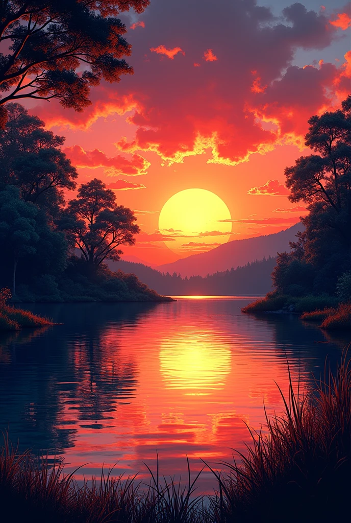 Un coucher de soleil sur un lac. Sunset colors would be more vivid than others in a graphic style. comic strip