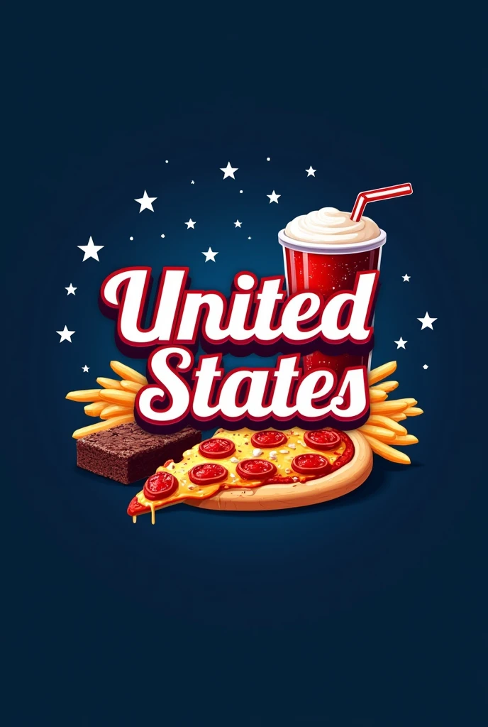 A logo with a dark blue background, in the center the name UNITED STATES, in white Baskerville font with red outline,  a delicious slice of pizza, on the right a glass of soda with bubbles, below the text a portion of golden fries and brownie without filling