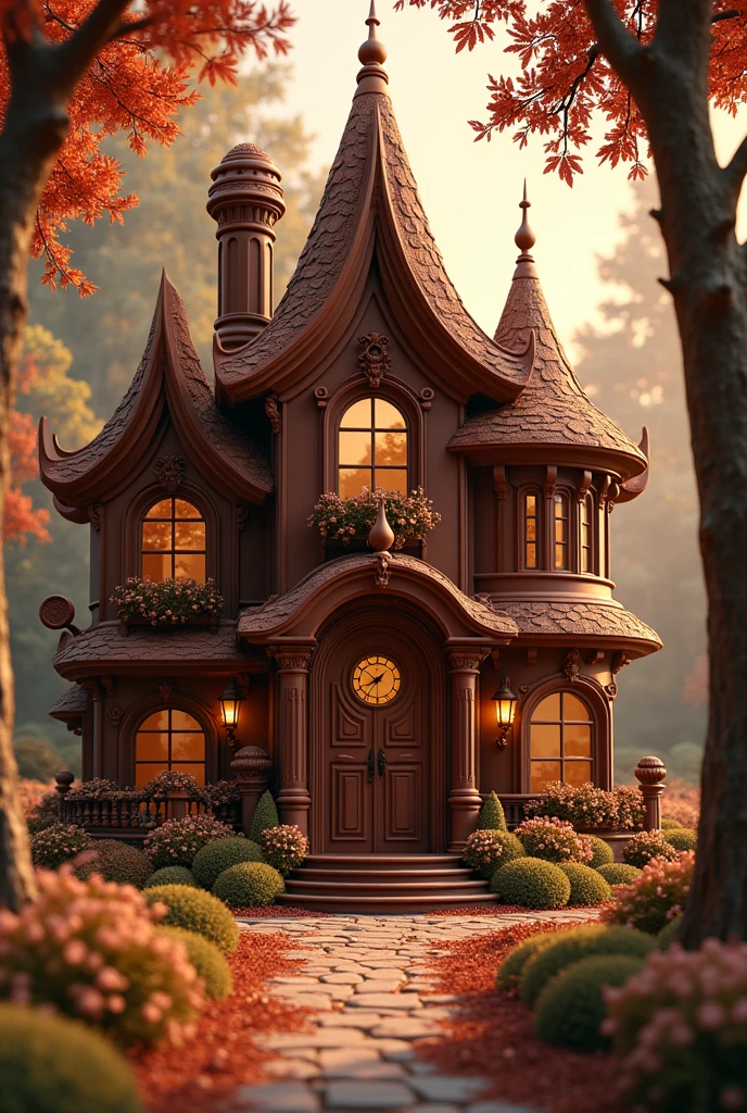 ((masterpiece, 8k, best quality, 8k, super realistic, high resolution:1.3)), chocolate house, chocolate world, chocolate door, parede de chocolate, chocolate details, in a forest, solar lighting.