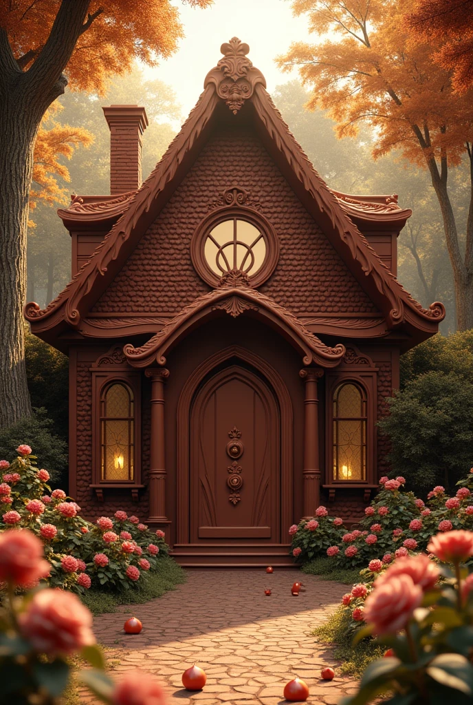((masterpiece, 8k, best quality, 8k, super realistic, high resolution:1.3)), chocolate house, chocolate world, chocolate door, parede de chocolate, chocolate details, in a forest, solar lighting.