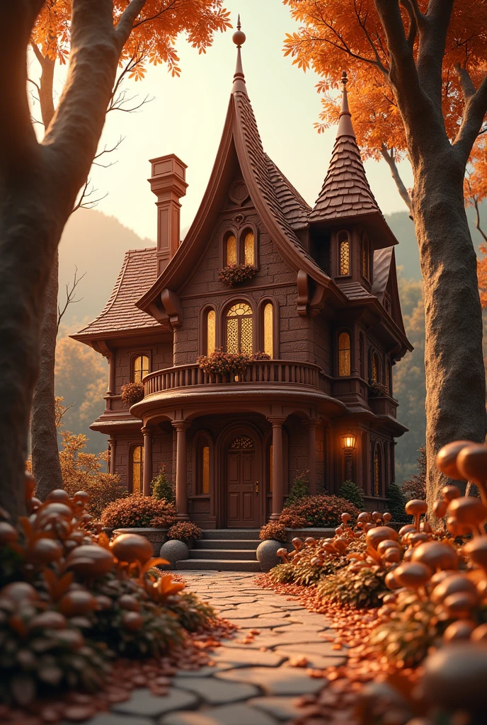 ((masterpiece, 8k, best quality, 8k, super realistic, high resolution:1.3)), chocolate house, chocolate world, chocolate door, parede de chocolate, chocolate details, in a forest, solar lighting.