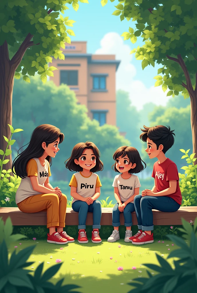 3 girls or unke bich me ek boy ek garden me beth kar baate kar rahi hai , ek ladki ke shirt par mahi likha hua hai or mahi thodi moti si hai or ek ladki ki shirt par piru likha hua hai or piru ne chasma bhi laga rakha hai or ek ladki ki shirt par tannu likh hua hai or ek ladke ki shirt par ajey likha hua hai unke pichhe ek college hai us par aditya college ka banner lag hua hai iski Indian girl animetion me image banao 