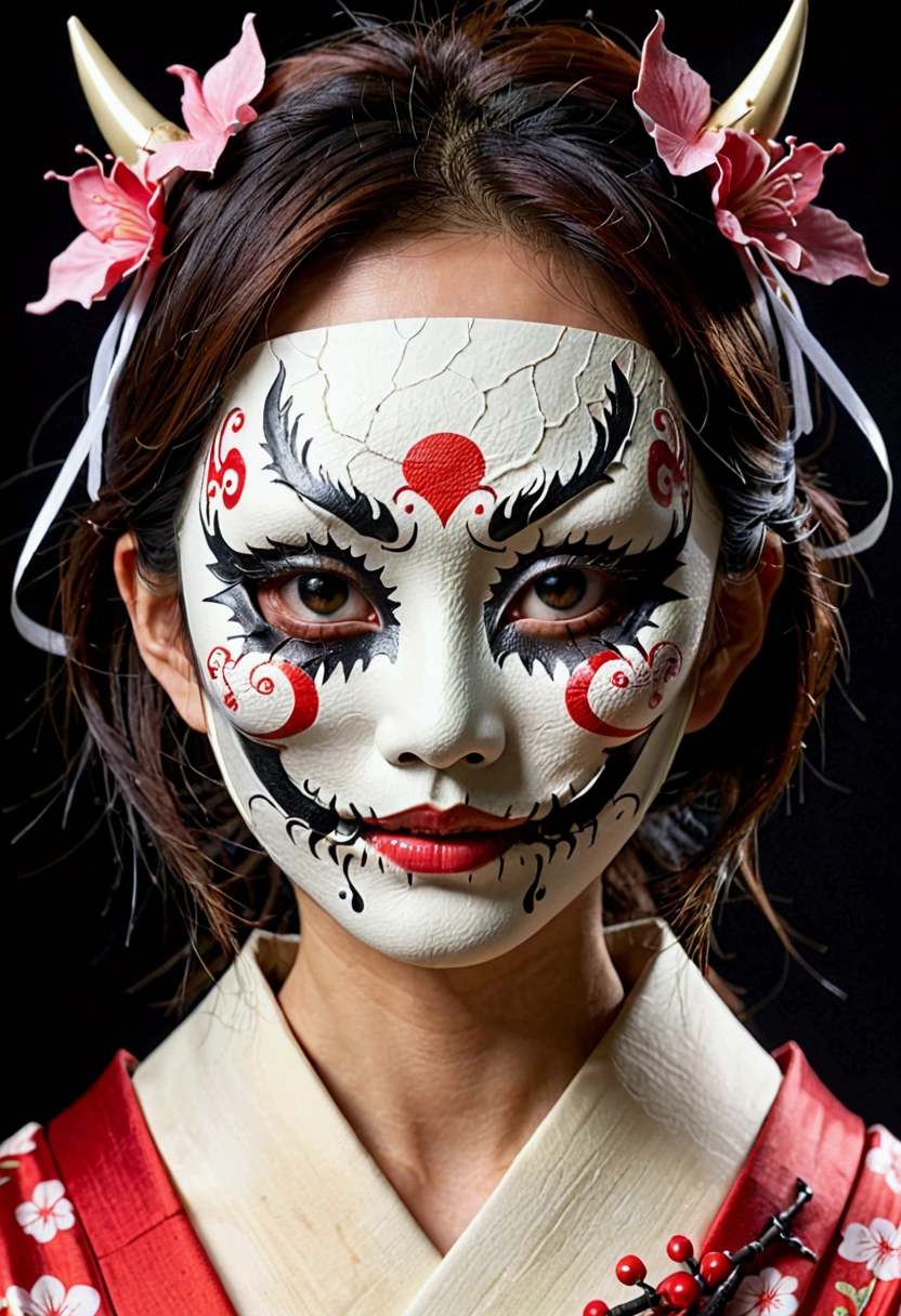 Japanese woman wearing a scary mask、The mask is half broken, revealing his face、Beauty、cute、Realistic images、cute、Realistic texture、Very detailed、High-detail images