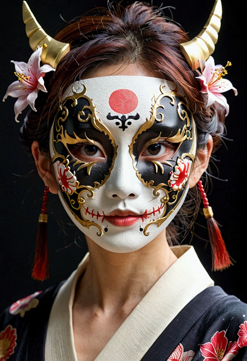 Japanese woman wearing a scary mask、The mask is half broken, revealing his face、Beauty、cute、Realistic images、cute、Realistic texture、Very detailed、High-detail images