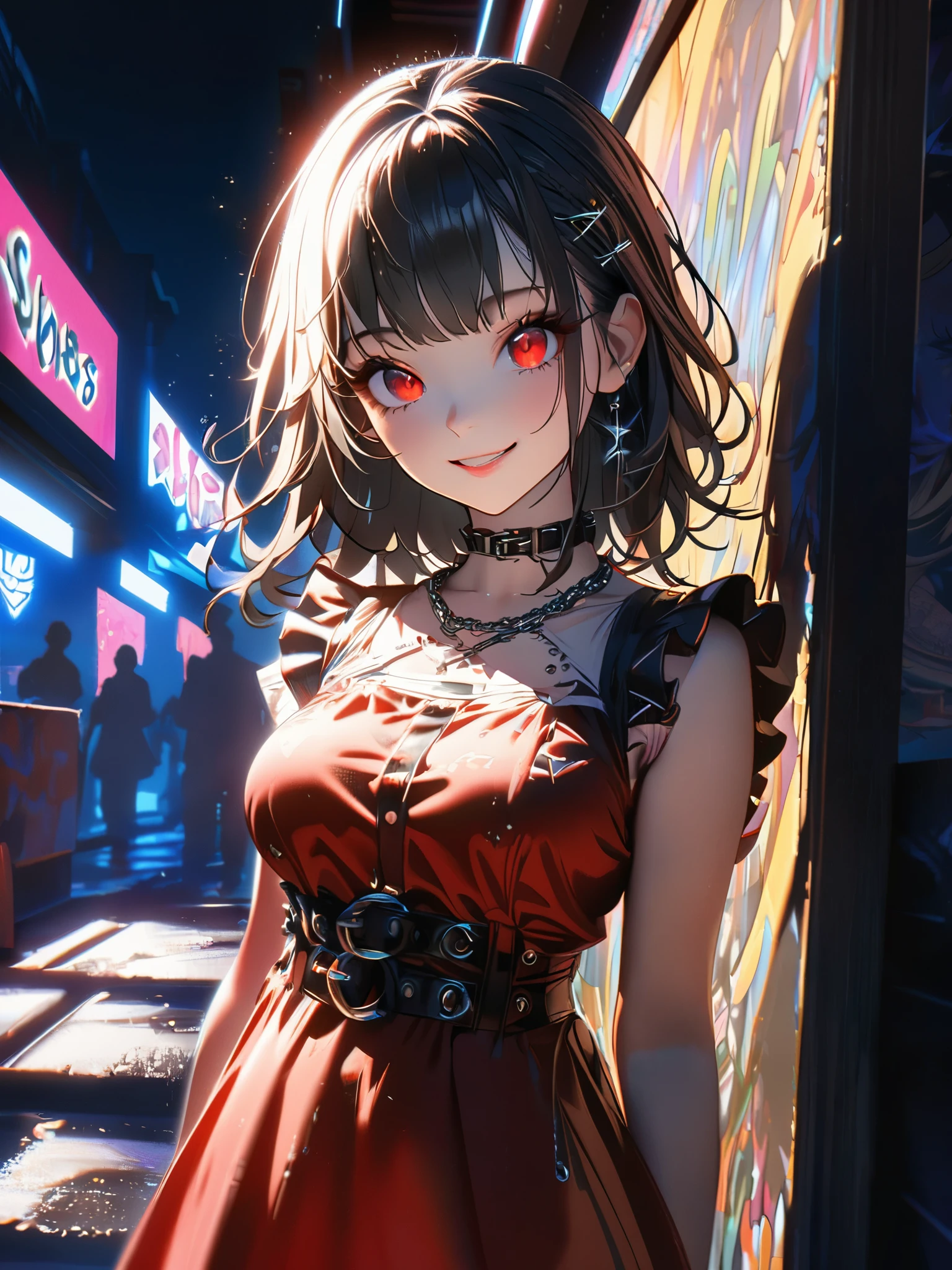 1 girl, chromatic aberration, Written boundary depth, Soft Light, masterpiece, Highest quality, complicated, Tone Mapping, A place where fireworks are set off at festivals. Concept Art, Smooth, Clear focus, Dramatic lighting, Very cinematic, super practical painting, アートステーション's trending, 8k, Incredible Shadows, practical, whole body, View, Viewers, Portrait of a Girl 1, standing on street corner, Heavy rain and lightning、Dark Sky, neon and cyber punk background, she is dressed in punk clothing with silver chains and silver spikes, Her hair was dyed a bright black color..........Ominous aura of light, smile, punk, ciber punk, Backlight.Fashionable clothes、Friendly dress code:Wearing a cute red dress.My breasts are a little big.Beautiful red eyes
