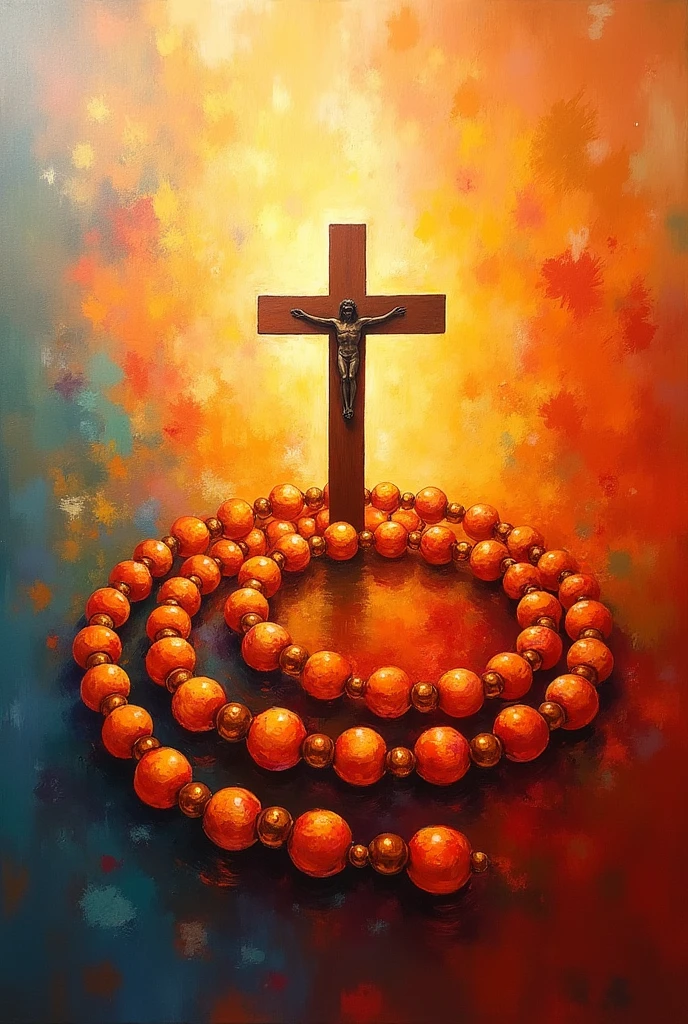 Create a religious painting of an entire rosary, rosary, abstract warm colors, Catholic.
