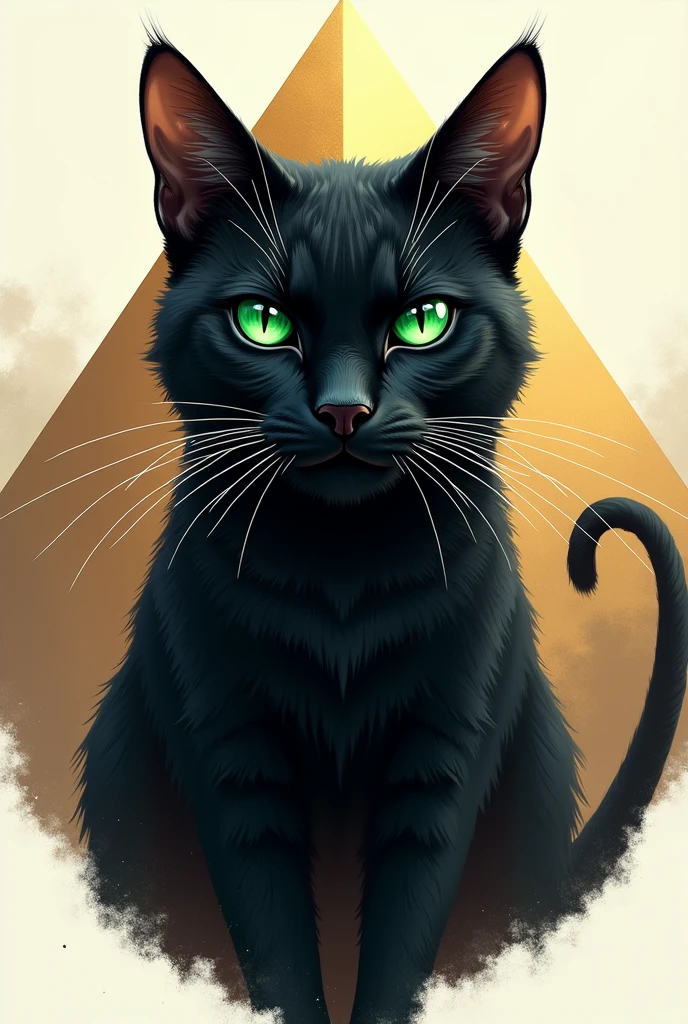 Make me a coat of arms with white and gold colors With Egyptian characteristics with a smooth and shiny black cat with an angry face with emerald eyes and in the background a transparent pyramid