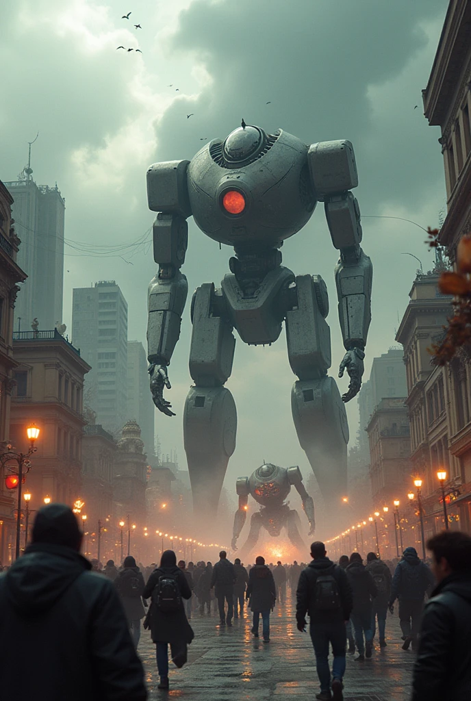 Generates a realistic apocalyptic image of ships and robots inspired by the Terminator movie attacking humans in Plaza Chacabuco in the commune of Independencia, in Santiago de Chile