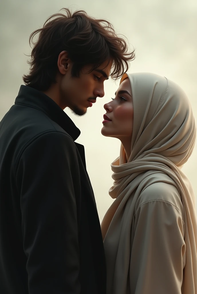 A young man with messy hair and a woman in hijab