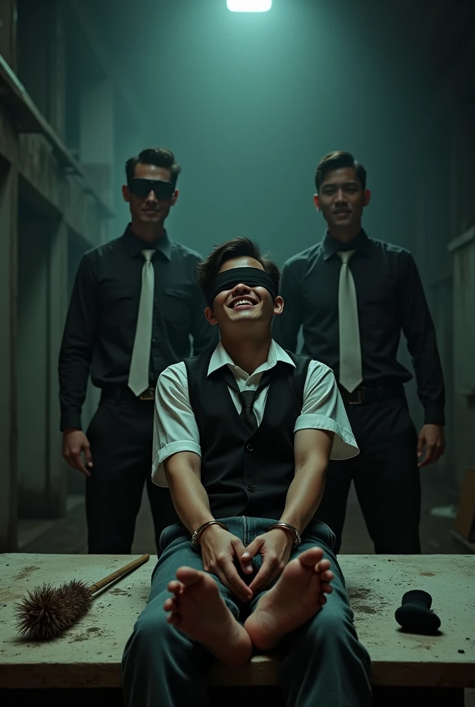 Malaysia malay handsome  19 years  student 
He laugh very hard
His hand handcuff in  abondon warehouse 
Blindfolded
handcuff
Casual Outfit Black Vase White Tie
Focus sweaty feet on desk
feather duster on desk
Black  dirty sock on desk
2  evil mafia 
Rub his feet
