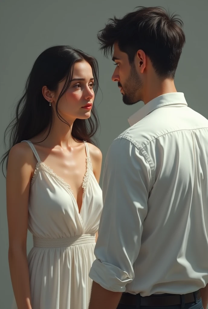 a woman in white dress crying while talking to her husband that wear white shirt