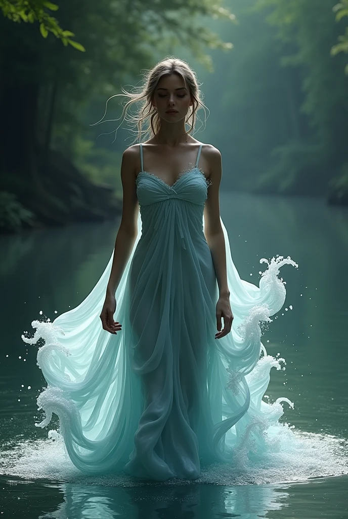 Imagine a thin muscular goddess or water spirit emerging from a river or lake. Her strapless dress should flow like water, with details that resemble waves and foam.  Franja, Olhos fechados, Premiado várias vezes,  Claro-escuro, Arte digital, 