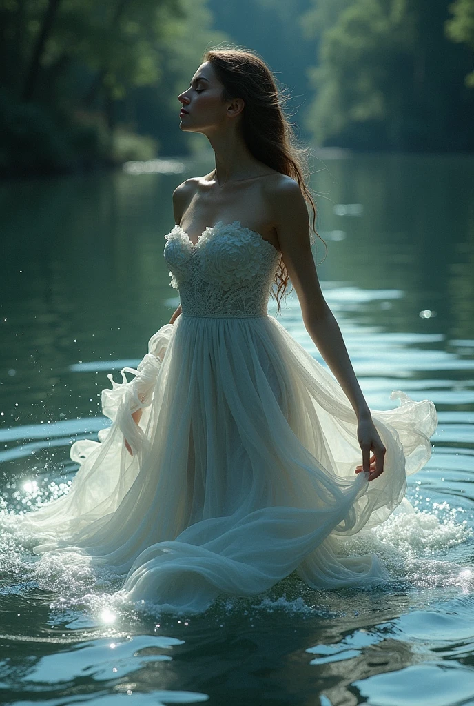 Imagine a thin muscular goddess or water spirit emerging from a river or lake. Her strapless dress should flow like water, with details that resemble waves and foam.  Franja, Olhos fechados, Premiado várias vezes,  Claro-escuro, Arte digital, 