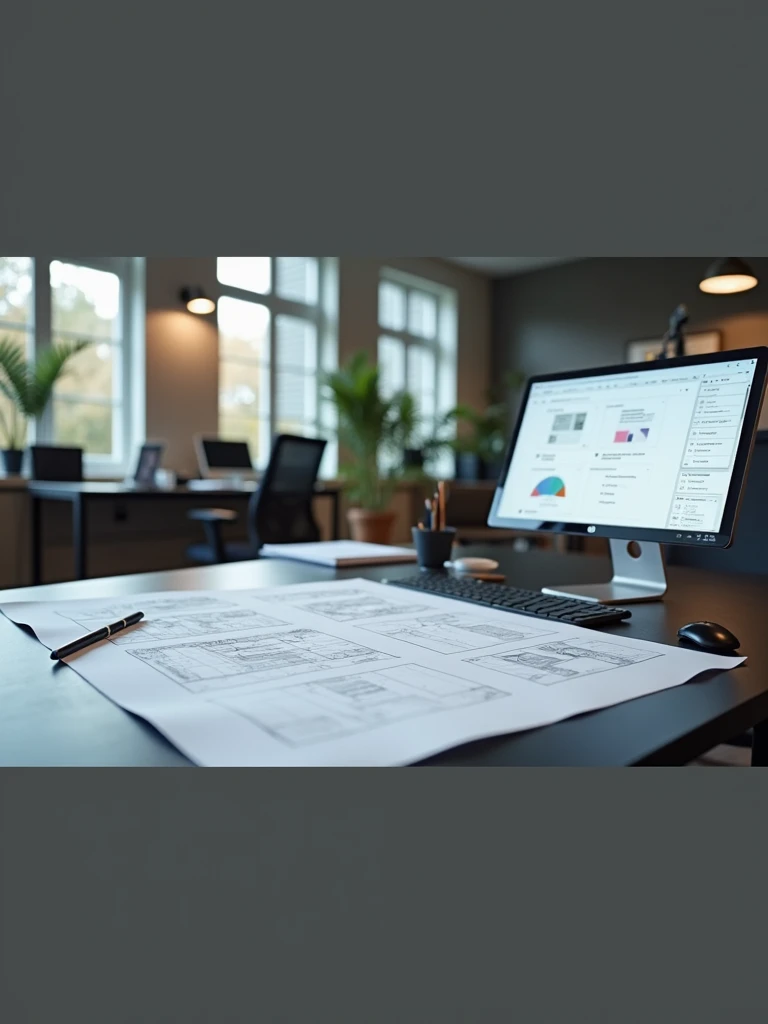 A table with wireframe sketches of screens by a UXer Designer and a DELL computer with a prototype being made on the screen. Do not place people in the image. High resolution image, 4k.