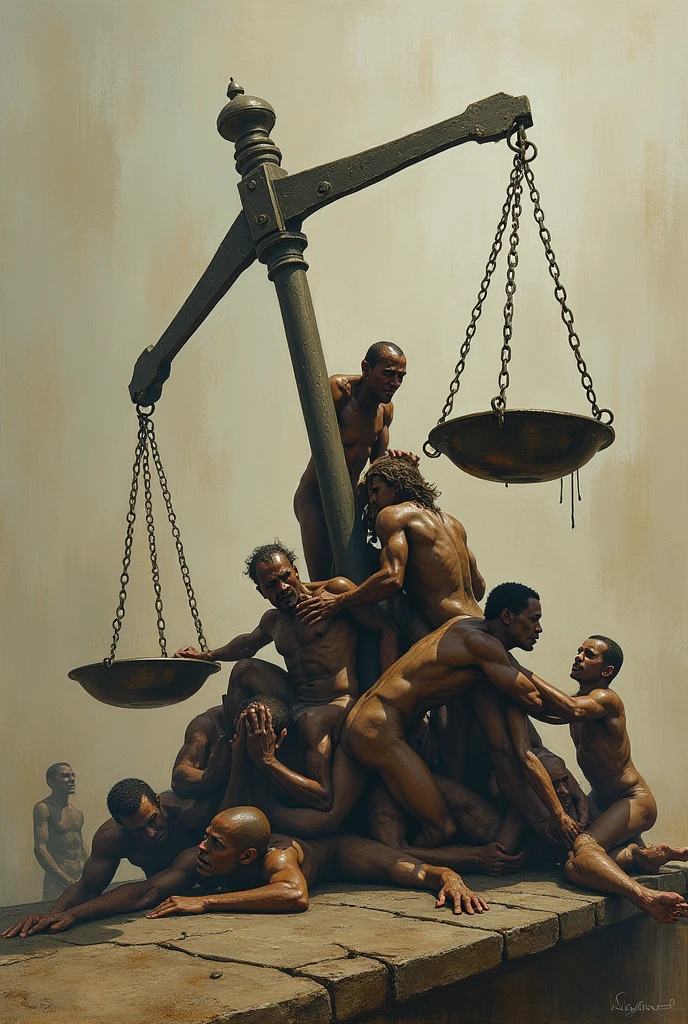 A scale of justice tilted all the way to one side, with human figures suffering under the weight of the scale, representing the injustice and consequences of non-compliance with IHL.