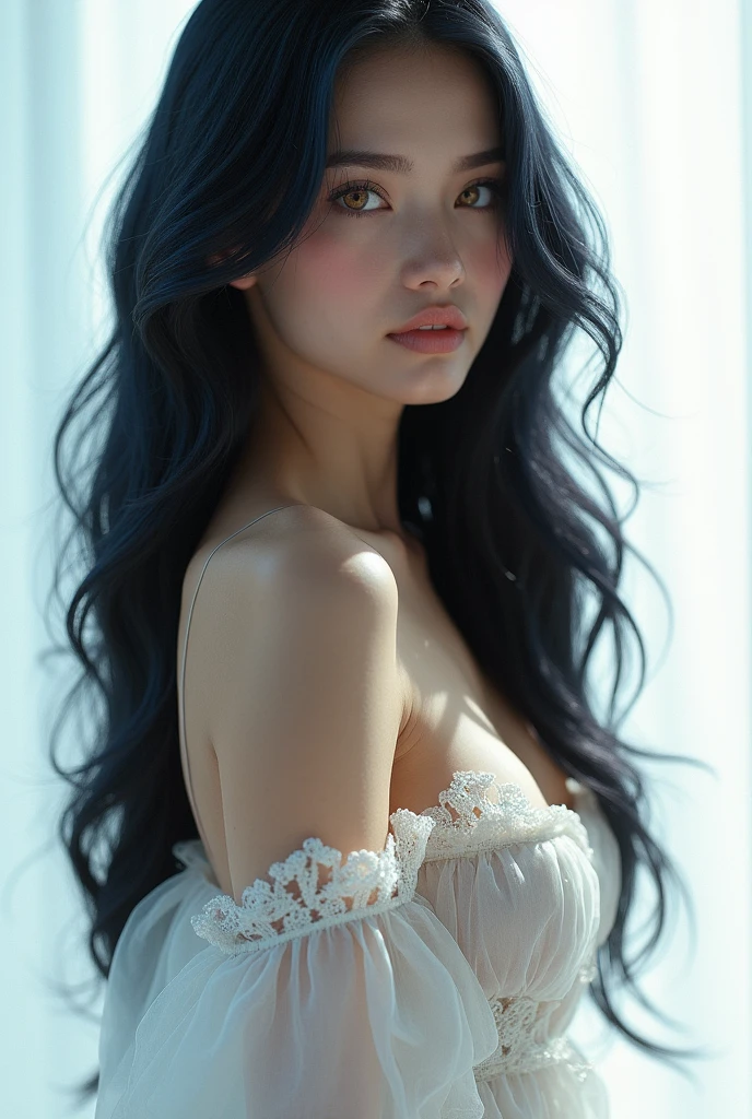 a tall girl, well formed body, eyes the color of honey, Long wavy black hair with light blue highlights, white test