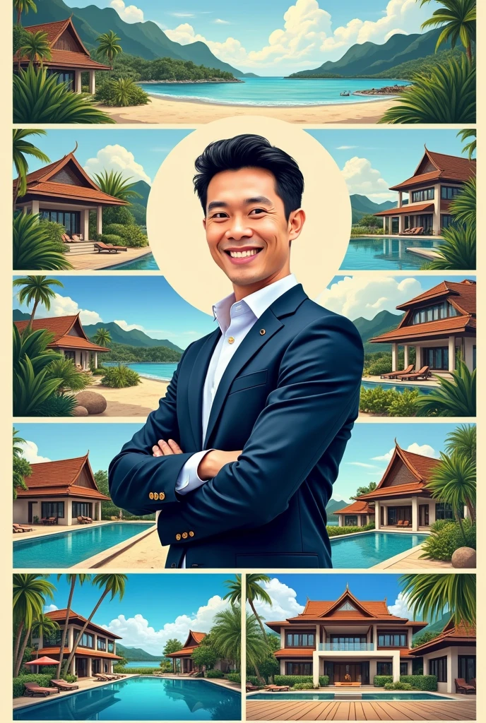 Real estate agent poster for houses and condos in Thailand, with the name SR Real Estate