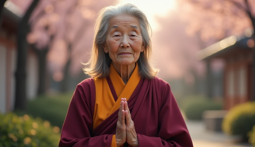 An elderly, warm-hearted, medium hair, a Buddhist woman is depicted in a prayer position, her hands clasped together gently. She has a kind and gentle face with soft wrinkles that reflect her wisdom and life experience. She wears simple yet elegant traditional Buddhist robes in deep maroon and saffron colors. The background is a tranquil outdoor setting with soft, diffused natural light, possibly featuring a few cherry blossom trees or a quiet temple in the distance. The overall atmosphere conveys peace, wisdom, and spiritual serenity, making it an ideal cover image for a YouTube channel dedicated to Buddhist knowledge and meditation