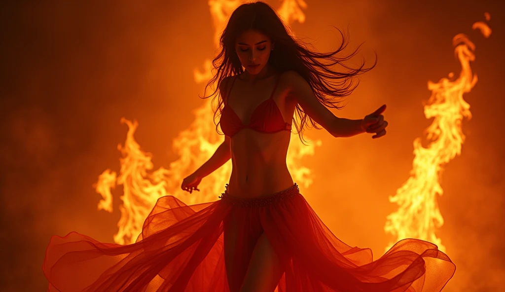 Dark Enchantress in a Fiery Abyss: A bewitching enchantress with provocative attire and a striking presence dances amidst swirling flames and shadowy darkness. Her skin, partially exposed, glows with a seductive, fiery light, and the dark techno music reverberates through the intense heat of the abyss. The scene exudes an air of danger and allure, drawing viewers into a thrilling, otherworldly experience. Aim for realistic depiction, make sure photos are at highest resolution (8K).