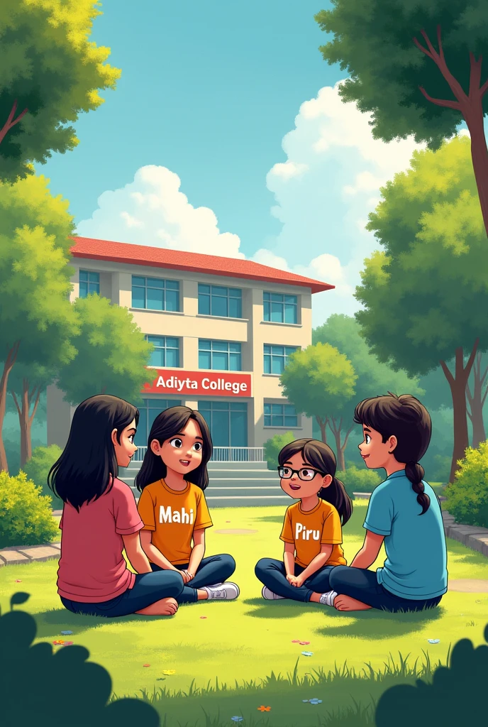 3 girls or unke bich me ek boy ek garden me beth kar baate kar rahi hai , ek ladki ke shirt par mahi likha hua hai or mahi thodi moti si hai or ek ladki ki shirt par piru likha hua hai or piru ne chasma bhi laga rakha hai or ek ladki ki shirt par tannu likh hua hai or ek ladke ki shirt par ajey likha hua hai unke pichhe ek college hai us par aditya college ka banner lag hua hai iski Indian girl animetion me image banao